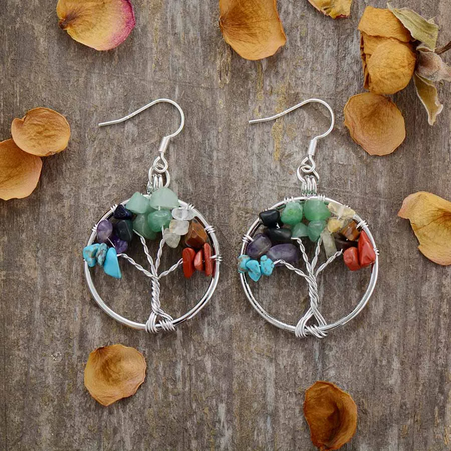 Pendientes de los 7 chakras con árbol de la vida y piedras curativas Pendientes de los 7 chakras con árbol de la vida y piedras curativas