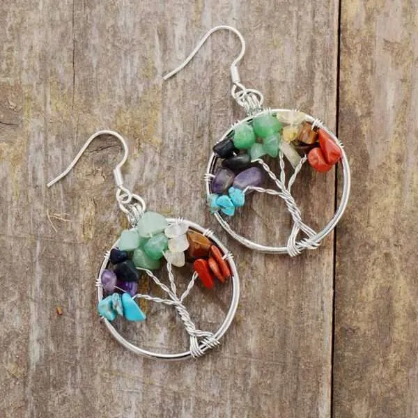 Pendientes de los 7 chakras con árbol de la vida y piedras curativas