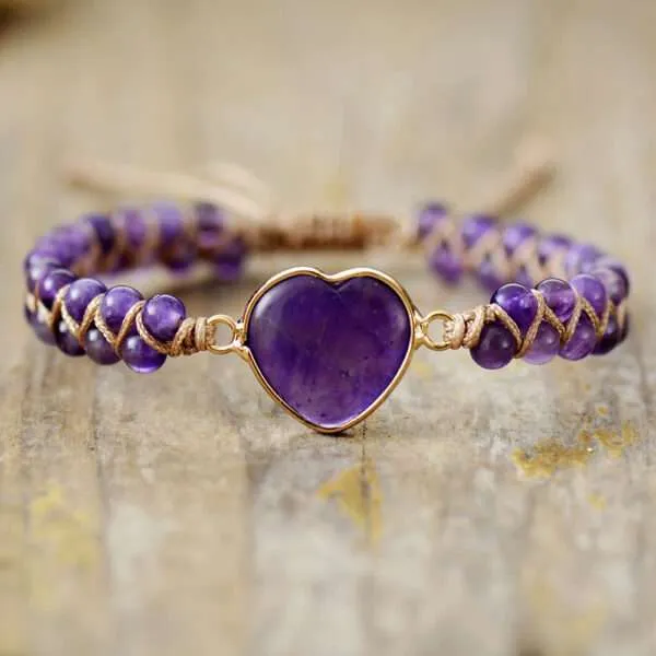 Pulsera del corazón contento con piedras de amatista, jaspe o rodonita
