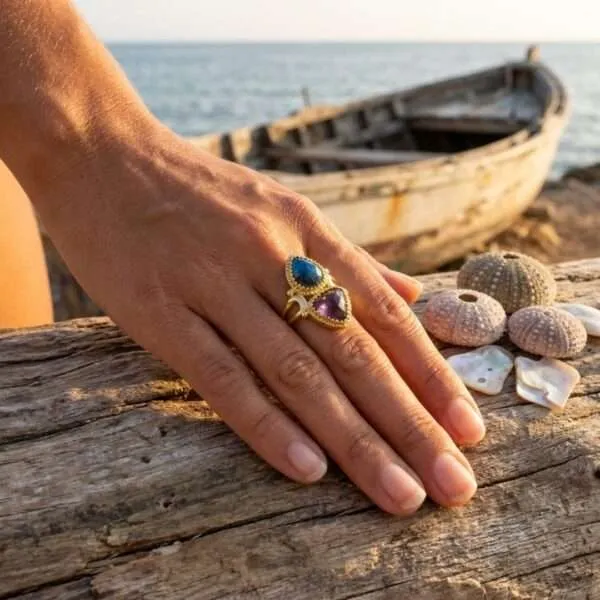Anillo elegante de la doble piedra semipreciosa de apatita y amatista