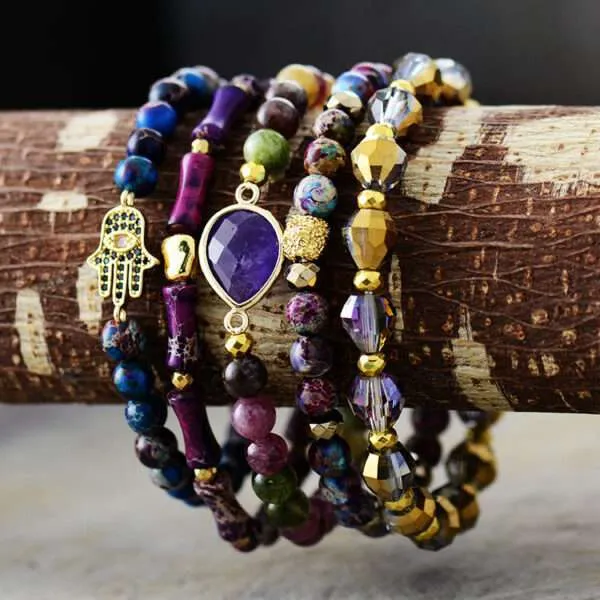 Conjunto de pulseras con piedras medicinales de la protección con Hamsa