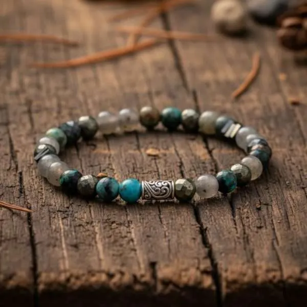 Pulsera cuatro sanaciones con pirita, labradorita, jaspe y turquesa africana
