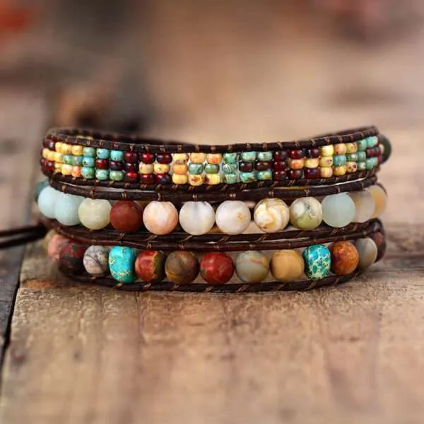 Pulsera de los pueblos nativos americanos con jaspe y cuero