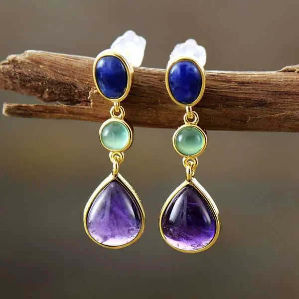 Pendientes bohemios chapados en oro con mezcla de piedras naturales