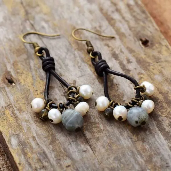 Pendientes del chakra corazón con labradorita y perlas de agua dulce