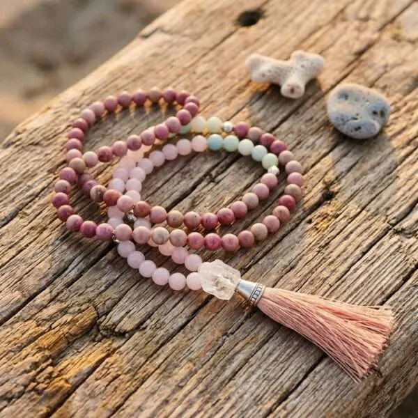 Collar Japa Mala 108 cuentas con amazonita, rodonita, cuarzo rosa y cuarzo cristal