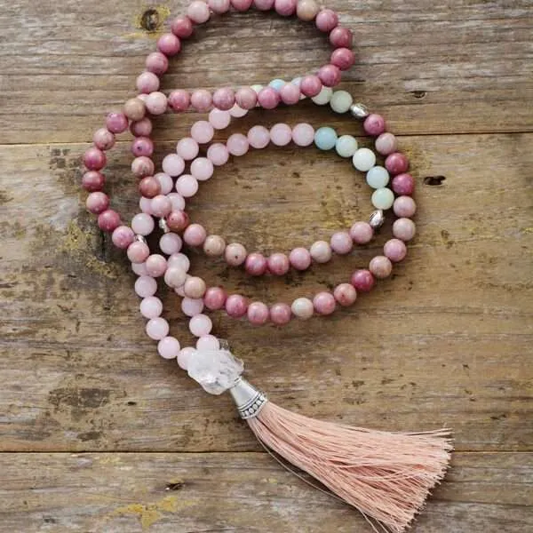 Collar Japa Mala 108 cuentas con amazonita, rodonita, cuarzo rosa y cuarzo cristal
