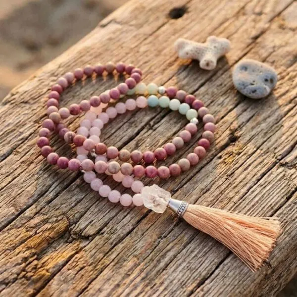 Collar Japa Mala 108 cuentas con amazonita, rodonita, cuarzo rosa y cuarzo cristal