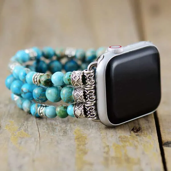 Correa Apple Watch elástica estilo hippie con cuentas de turquesa y jaspe