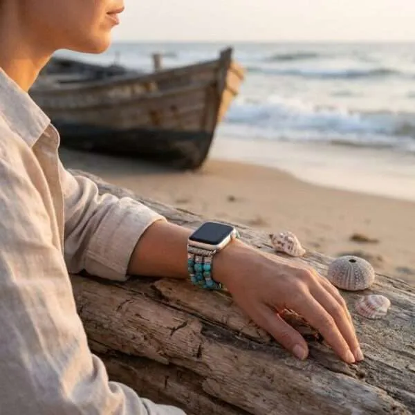 Correa Apple Watch elástica estilo boho con piedras de turquesa y jaspe