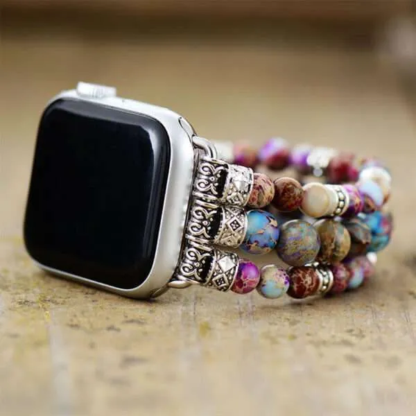 Correa Apple Watch elástica con símbolo OM y piedras de jaspe