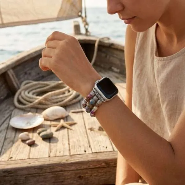 Correa Apple Watch elástica con símbolo OM y piedras de jaspe