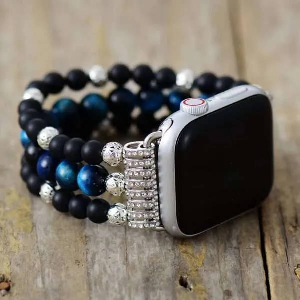 Correa Apple Watch elástica unisex con piedras de ojo de tigre azul y ónix negro