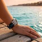 Correa Apple Watch elástica unisex con ojo de tigre azul, ónix y circonitas
