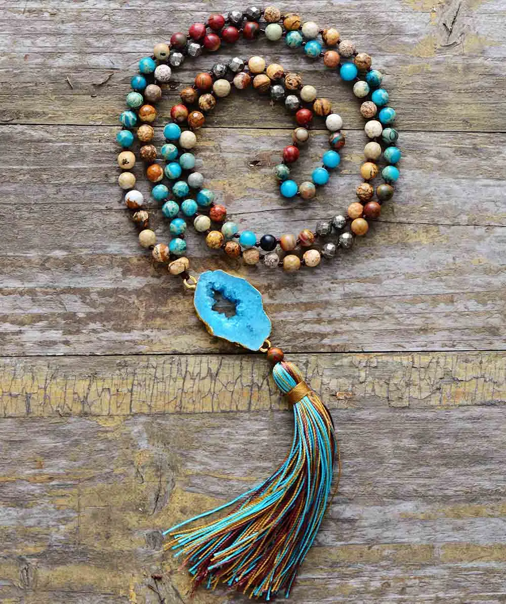 Collar Japa Mala de 108 cuentas con drusa de cuarzo, jaspe y pirita Collar Japa Mala de 108 cuentas con drusa de cuarzo, jaspe y pirita