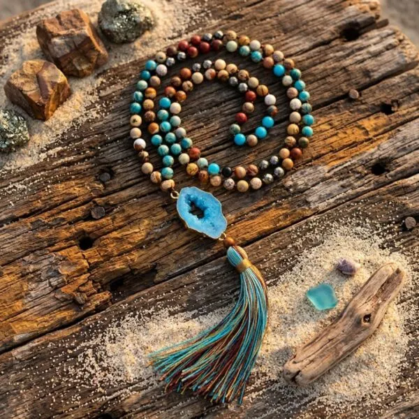 Collar largo de piedras naturales con drusa de cuarzo y borla