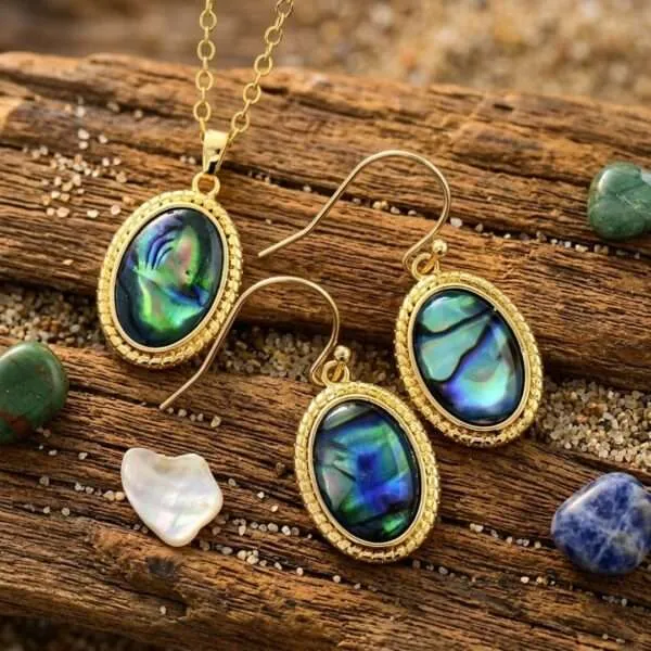 Conjunto boho de collar y pendientes dorados con conchas de abulón