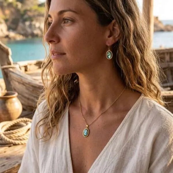 Conjunto boho de collar y pendientes dorados con conchas de abulón