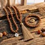 Conjunto Japa Mala 108 cuentas de semillas de Rudraksha y medallón "OM"