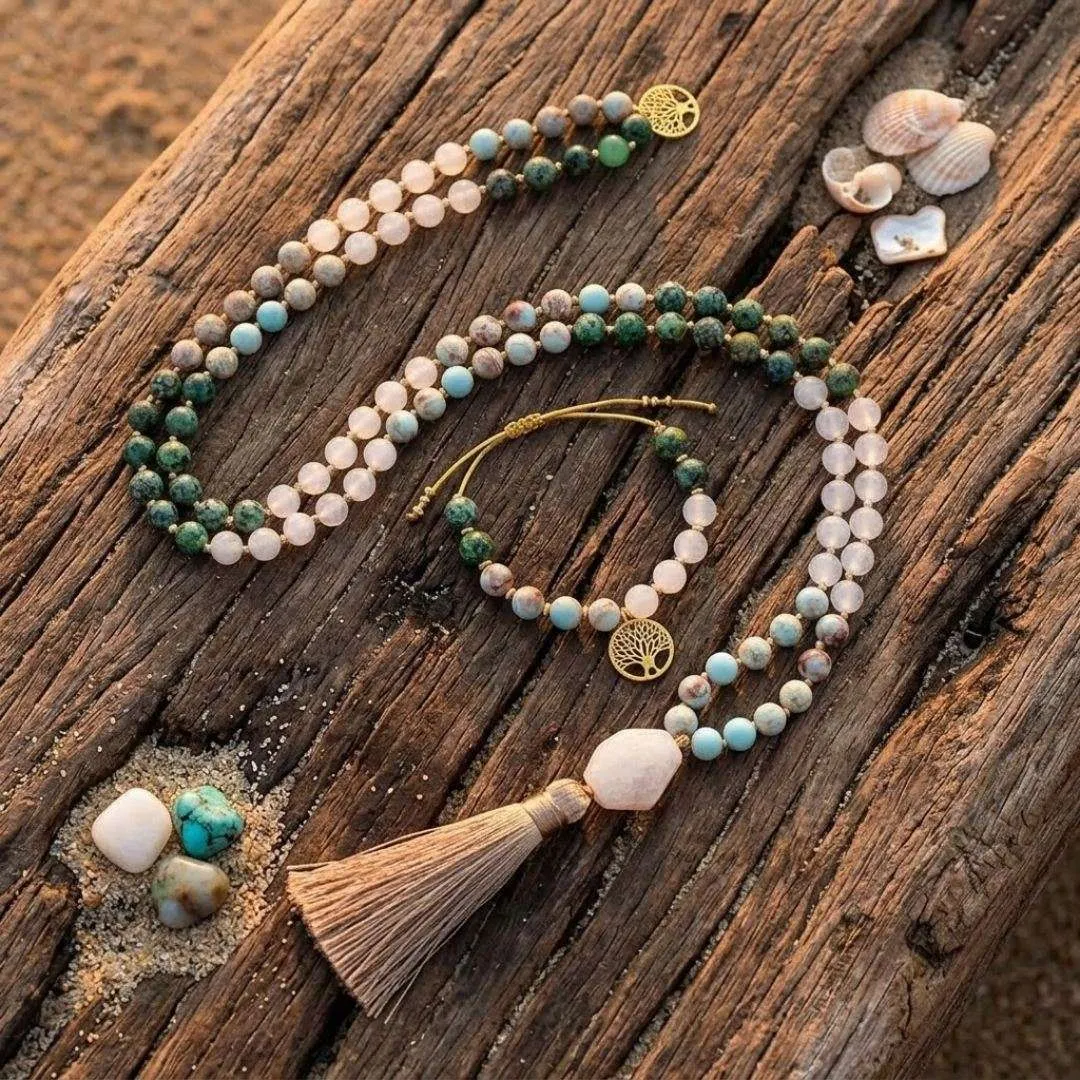 Conjunto Japa Mala 108 cuentas con turquesa africana, jade, shoushan y ágata Conjunto Japa Mala 108 cuentas con turquesa africana, jade, shoushan y ágata