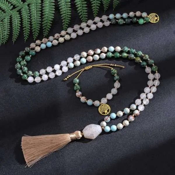 Conjunto Japa Mala 108 cuentas con turquesa africana, jade, shoushan y ágata