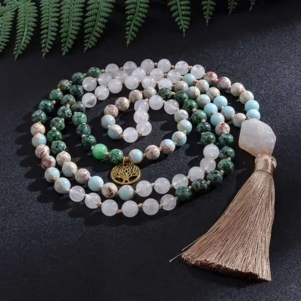 Conjunto Japa Mala 108 cuentas con turquesa africana, jade, shoushan y ágata