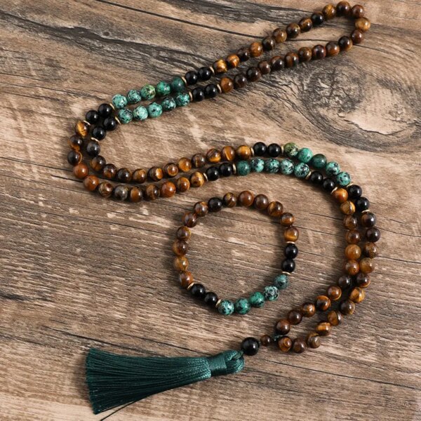 Conjunto Japa Mala 108 cuentas con turquesa africana, ónix negro y ojo de tigre