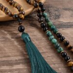 Conjunto Japa Mala 108 cuentas con turquesa africana, ónix negro y ojo de tigre