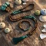 Conjunto Japa Mala 108 cuentas con turquesa africana, ónix negro y ojo de tigre