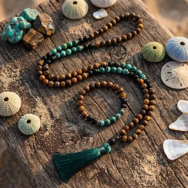Conjunto Japa Mala 108 cuentas con turquesa africana, ónix negro y ojo de tigre