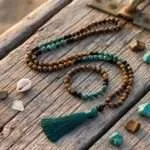 Conjunto Japa Mala 108 cuentas con turquesa africana, ónix negro y ojo de tigre