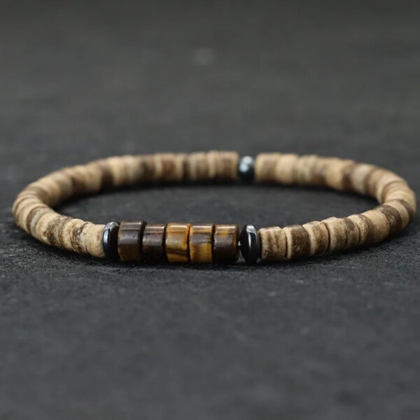 Pulseras hippies unisex con cuentas de madera, hematita y ojo de tigre