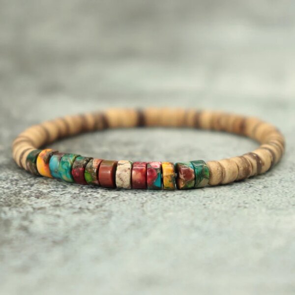 Pulseras vintage unisex con cuentas de madera, jaspe, hematita y turquesa