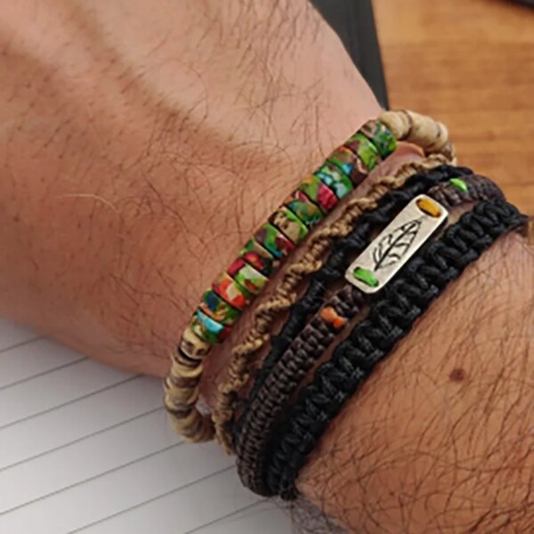 Pulseras vintage unisex con cuentas de madera, jaspe, hematita y turquesa