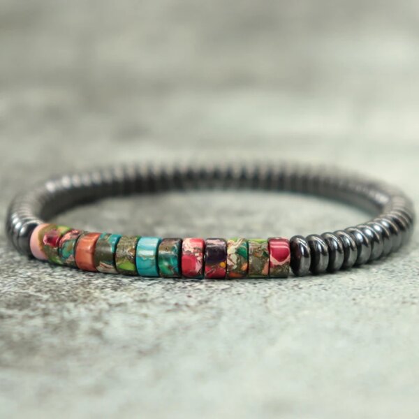 Pulseras vintage unisex con cuentas de madera, jaspe, hematita y turquesa