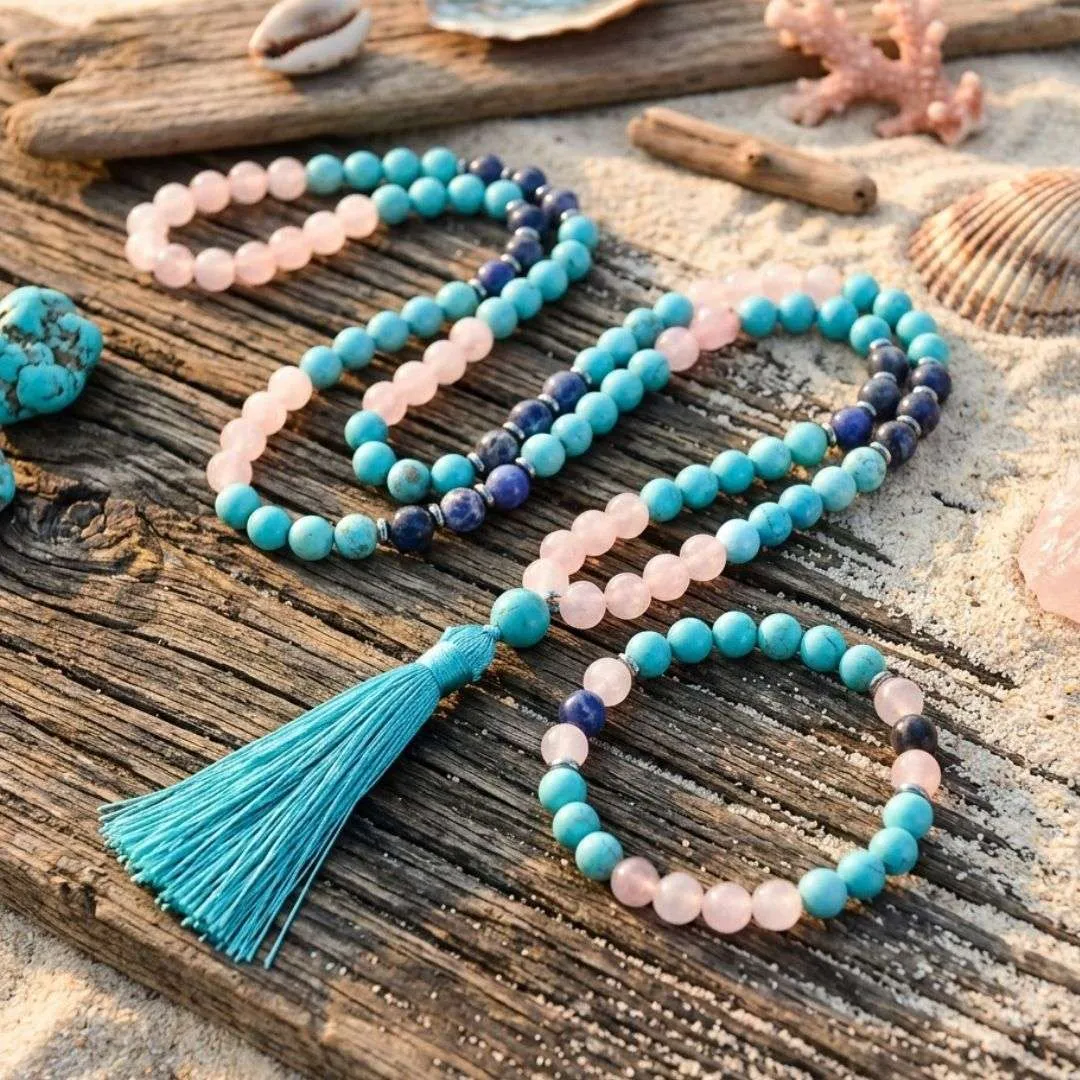 Conjunto Japa Mala 108 cuentas con cuarzo rosa, turquesa y sodalita Conjunto Japa Mala 108 cuentas con cuarzo rosa, turquesa y sodalita