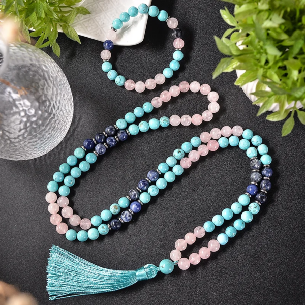 Conjunto Japa Mala 108 cuentas con cuarzo rosa, turquesa y sodalita