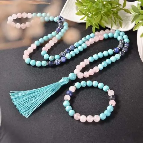 Conjunto Japa Mala 108 cuentas con cuarzo rosa, turquesa y sodalita
