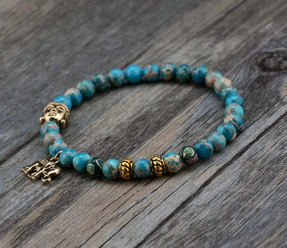 Pulsera budista con símbolo Buda y Ganesha con cuentas de jaspe