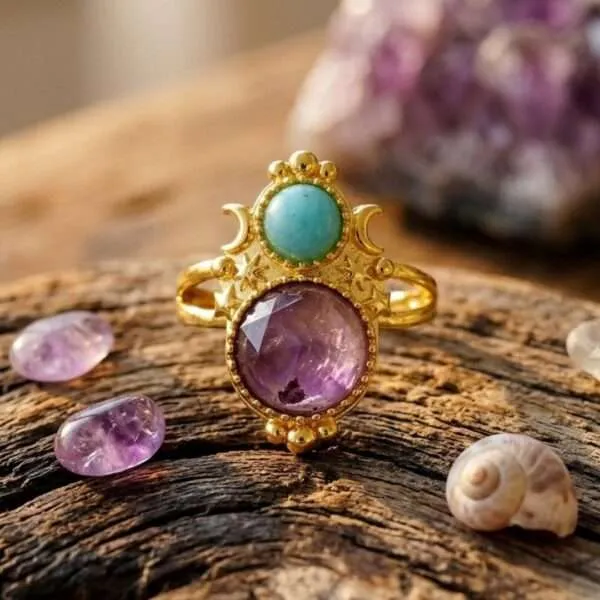 Anillo de mis soles y mis lunas con piedras de amazonita, amatista o ágata