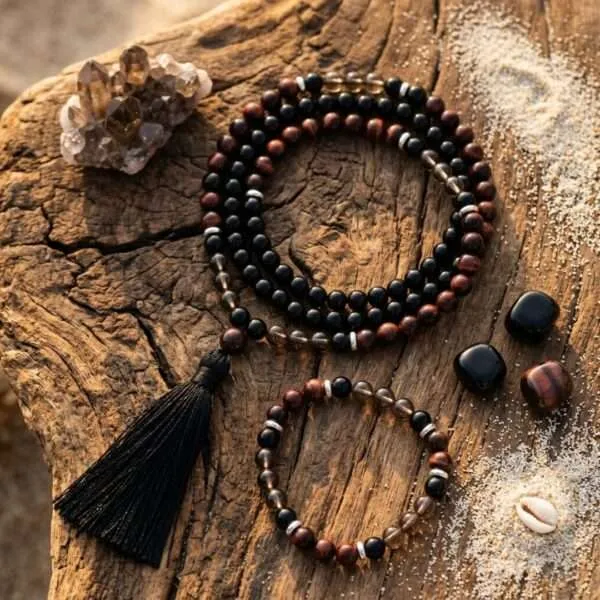 Conjunto Japa Mala 108 cuentas con ónix negro, ojo de tigre rojo y cuarzo ahumado