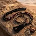 Conjunto Japa Mala 108 cuentas con ónix negro, ojo de tigre rojo y cuarzo ahumado