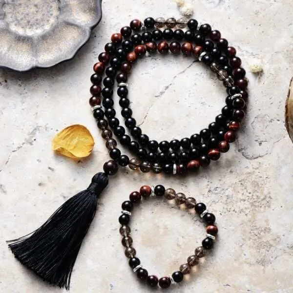 Conjunto Japa Mala 108 cuentas con ónix negro, ojo de tigre y cuarzo ahumado