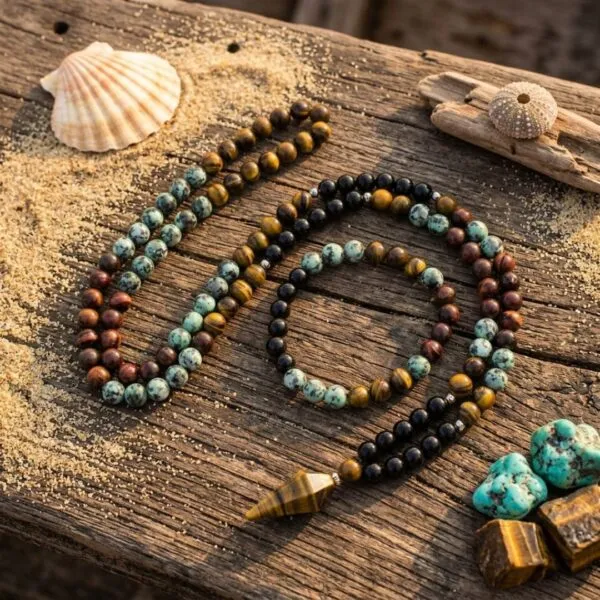 Conjunto Japa Mala 108 cuentas con Ojo de Tigre, Ónix y Turquesa Africana