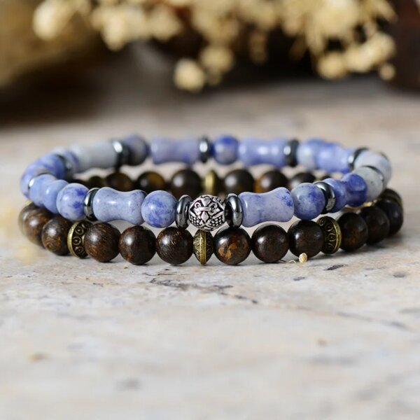 Conjunto de pulseras del buen alquimista con broncita y amazonita azul