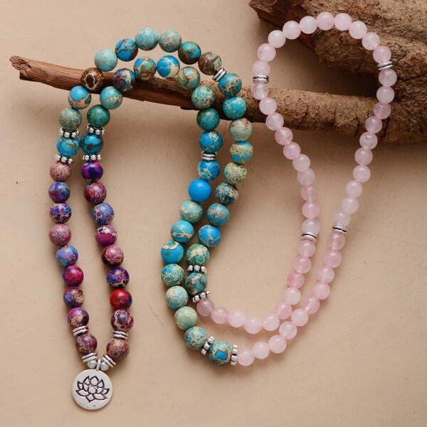 Collar Japa Mala de 108 cuentas con cuarzo rosa, jaspe y flor de loto