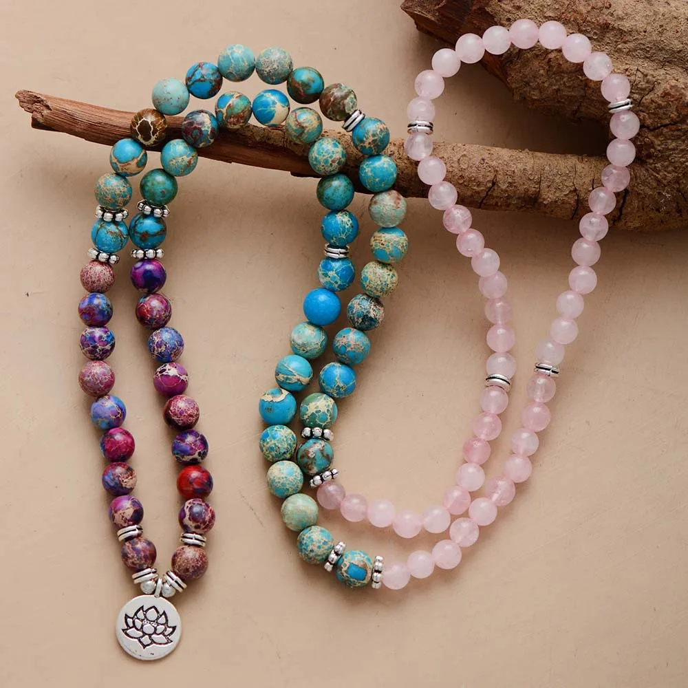 Collar Japa Mala de 108 cuentas con cuarzo rosa, jaspe y flor de loto Collar Japa Mala de 108 cuentas con cuarzo rosa, jaspe y flor de loto