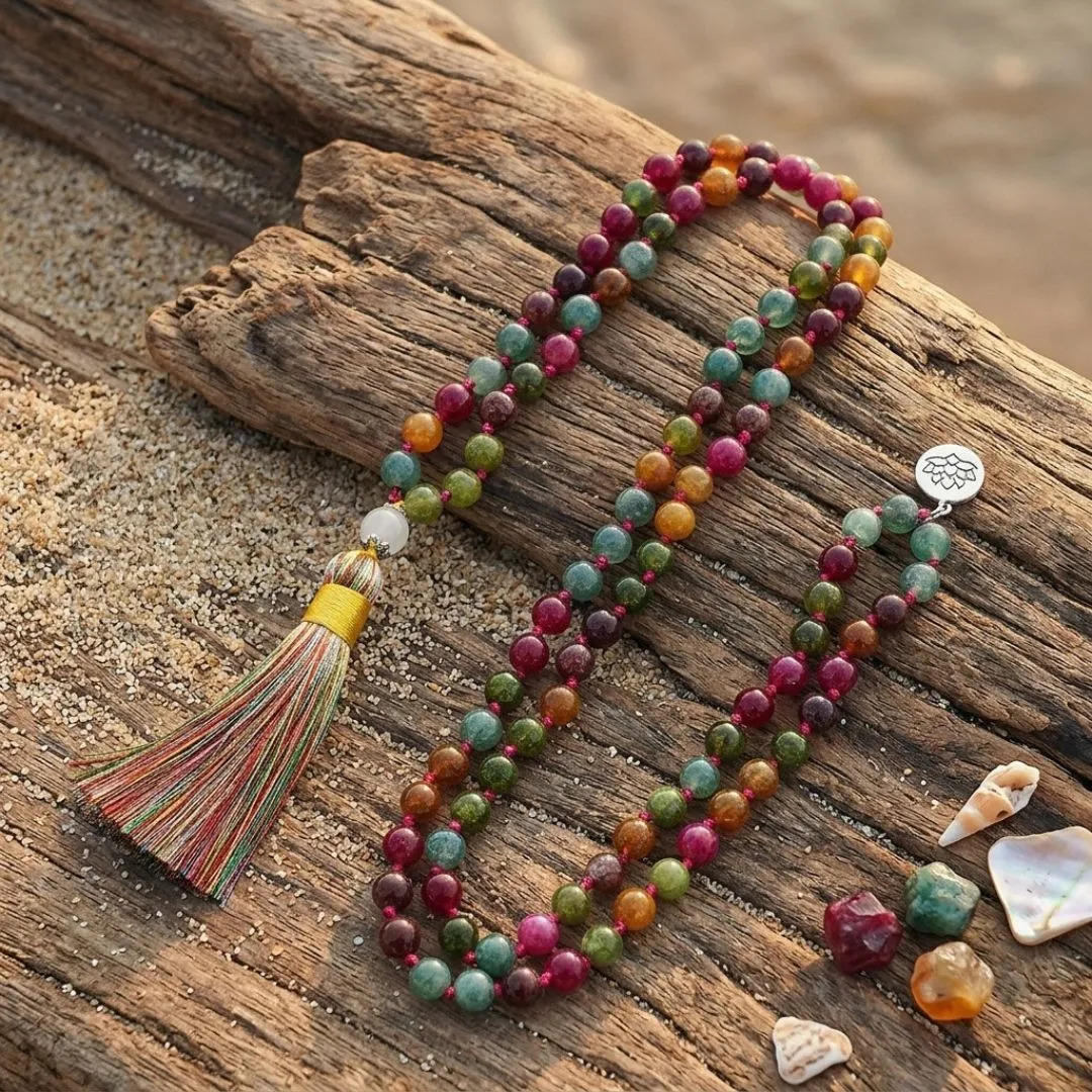 Collar Japa Mala 108 cuentas de meditación con ágata de colores Collar Japa Mala 108 cuentas de meditación con ágata de colores