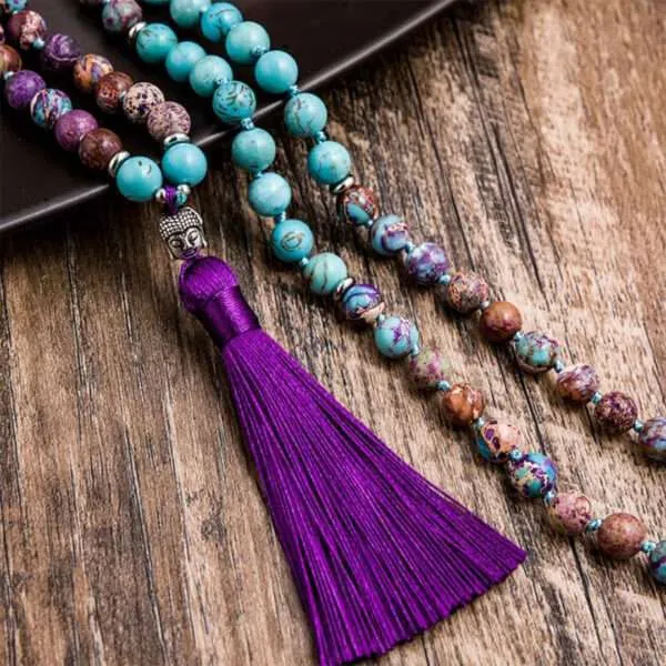 Collar Japa Mala 108 cuentas con turquesa, jaspe imperial y cara de buda
