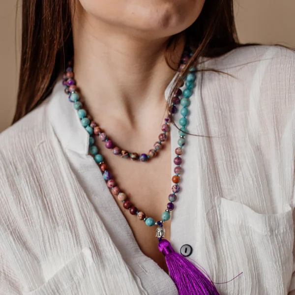 Collar Japa Mala 108 cuentas con turquesa, jaspe imperial y cara de buda